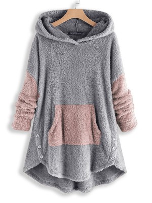 Women Contrast Color Splice Irregular Hem Hooded Fleece Sweatshirt Coats