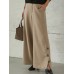 Women Pure Color Side Button Elastic Waist Casual Wide Leg Pants With Pocket