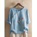 Flower Embroidery O  neck Long Sleeve Button Vintage T  shirts