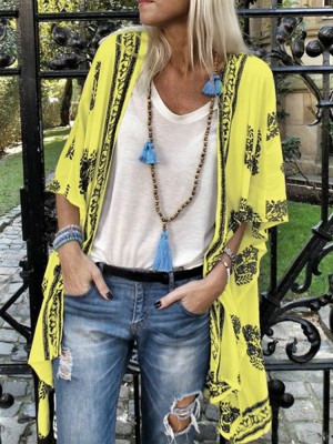 Women Bohemian Print Half Sleeve Loose Kimono Cardigans