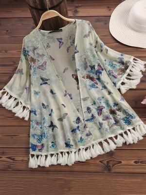 L  5XL Butterfly Print Tassel Kimonos Bohemian Beach Cardigan