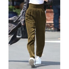 Women Pure Color Elastic Waist Corduroy Side Button Retro Harem Pants